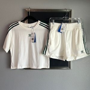 NWT Adidas white & green crop tee & shorts w pockets set size large.